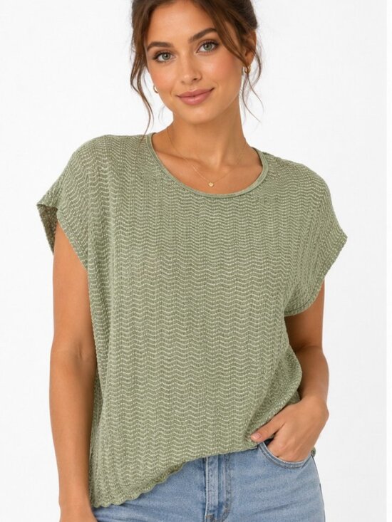 None Tops - Sage Green Textured Crinkle Knit Top Dolman Sleeve Stretchy L/XL Vintage